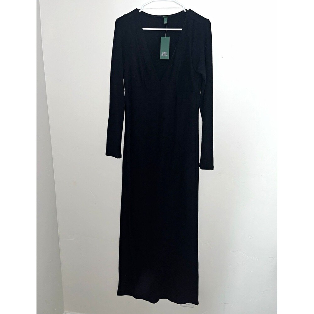 Wild Fable Black V-Neck Long Sleeve Knit Maxi Dress Size L Stretch
